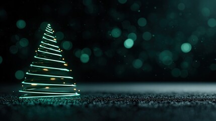 A minimalist modern Christmas tree concept image, composed of two glowing green geometric lines, elegantly arranged on a dark background, creating a festive yet modern atmosphere with soft bokeh.