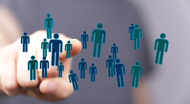 Hand pointing at a digital network of people. Illustrating community, connections, teamwork, and social media c