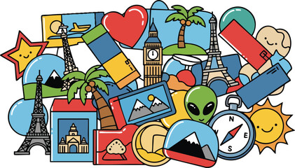 Collage of Travel Icons Including Eiffel Tower Palm Trees Compass and Alien Head