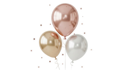 Obraz premium Isolated arrangement of three reflective party balloons in varying shapes and colors float upwards