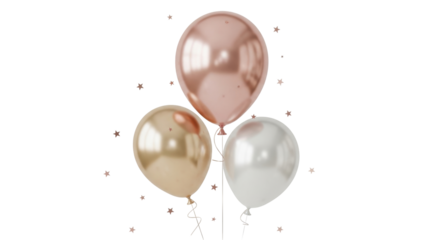Isolated arrangement of three reflective party balloons in varying shapes and colors float upwards