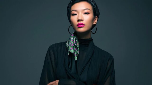 A striking studio portrait captures a confident young adult Asian woman with a sophisticated and modern aesthetic. She wears a stylish dark pleated garment, complemented by a chic headwrap and a vibra