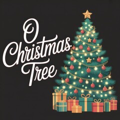 Decorated Christmas tree with presents and text holiday