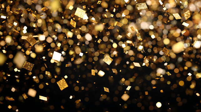 Golden confetti and bokeh lights falling against a dark background gold confetti falling particles