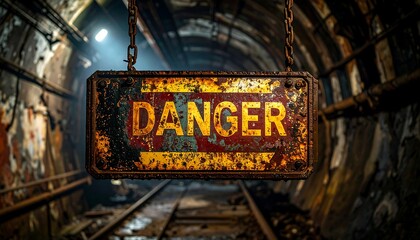 A rusty "DANGER" sign hangs in a dark tunnel, chains suspending it above train tracks. Tunnel walls show damage