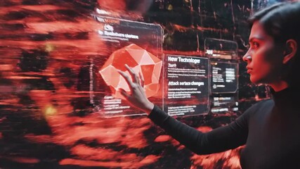 A woman interacting with a futuristic digital interface showing a global map and data points - Powered by Adobe