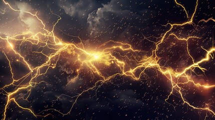 Bright yellow lightning bolts crossing a dark stormy sky with clouds and electric energy.