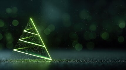 A minimalist modern Christmas tree concept image, composed of two glowing green geometric lines, elegantly arranged on a dark background, creating a festive yet modern atmosphere with soft bokeh.