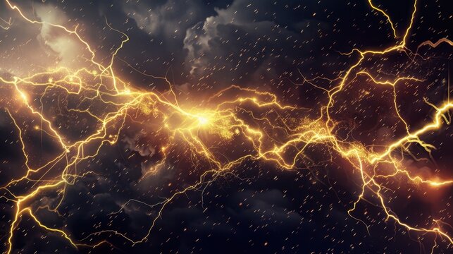 Bright yellow lightning bolts crossing a dark stormy sky with clouds and electric energy.