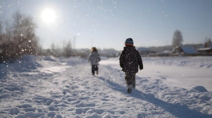 Two children walk along a snow covered rural path on a bright sunny winter day with snowflakes falling around them