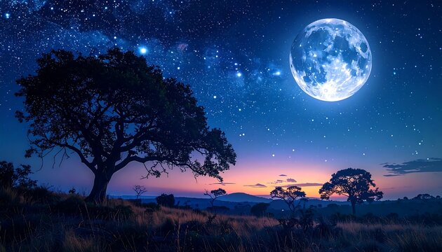 A serene landscape showcases silhouetted trees beneath a vibrant night sky with a glowing full moon - Powered by Adobe