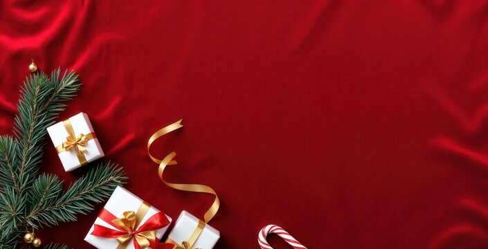 Christmas decoration flat lay with gifts and fir tree branches on a red satin background. Festive holiday banner with copy space for text - Powered by Adobe
