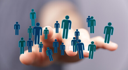 Hand holding people symbols, representing community, teamwork, and social networks. Concept of...