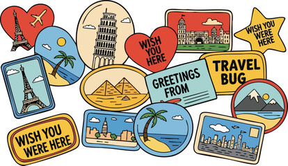 Assorted Travel Postcards With Iconic Landmarks And Greetings Including Eiffel Tower Pyramids And Palm Trees
