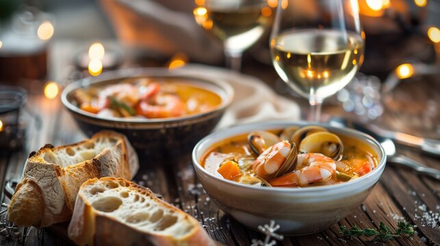 National Bouillabaisse Day: two bowls of bouillabaisse on rustic wooden table, crusty bread, wine glasses with white wine, soft candlelight ambiance, cozy restaurant atmosphere