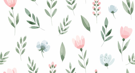 Seamless floral pattern with pink tulips, leaves, and spring flower elements, perfect for textile or wallpaper design