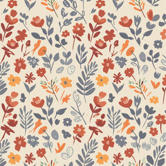 Seamless floral pattern vector illustration with vintage flower, leaf, and butterfly design for fabric and wallpaper