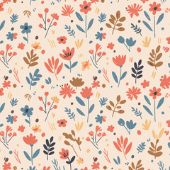 Seamless vintage floral pattern with leaves, vector illustration, and textile print design
