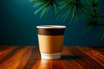 Hot black coffee mug on a wooden table in a cafe for a morning breakfast drink