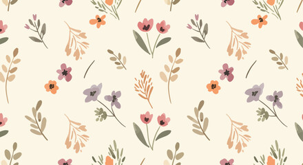 Seamless vector floral pattern with hand drawn crayon style flowers and textured leaves 