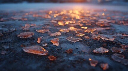 Shimmering ice shards on a cold surface capture warm twilight glow creating a beautiful reflective winter scene