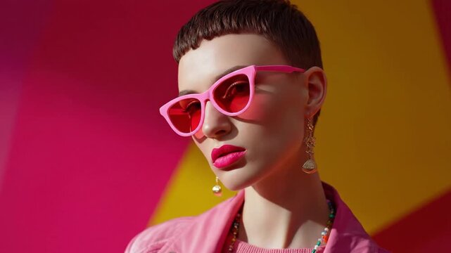 A vibrant close-up captures a stylish individual confidently posing against a dynamic, color-blocked backdrop. The subject wears bold pink sunglasses and matching fuchsia lipstick, complemented by a f