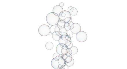 Isolated arrangement of soap bubbles floating in the air, shimmering with iridescent color