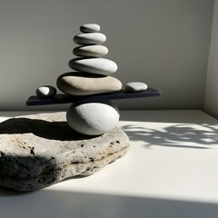 A meticulously balanced sculpture of smooth zen stones, showcasing harmony, stability, and the delicate nature of equilibrium in bright sunlight