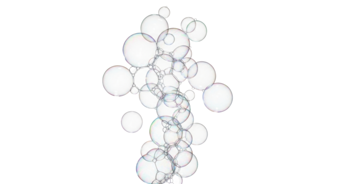 Isolated arrangement of soap bubbles floating in the air, shimmering with iridescent color