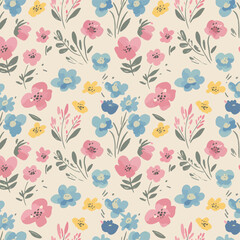 Vintage pink floral seamless pattern with roses and leaves
