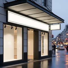 Sleek modern storefront with blank illuminated signage for branding mockups, set against a wet urban streetscape in the evening