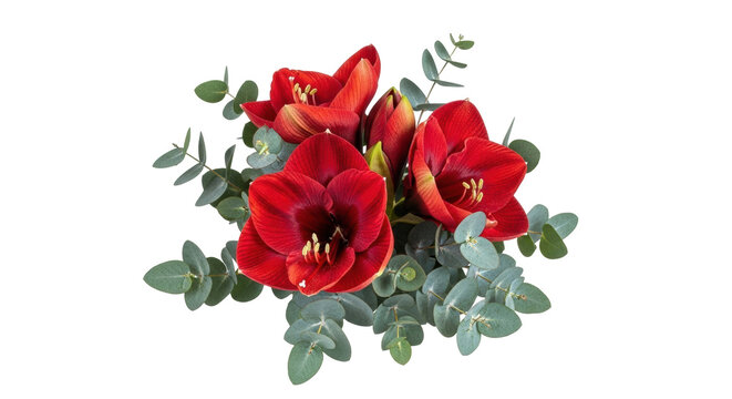 Isolated arrangement of amaryllis flowers and eucalyptus foliage against no background