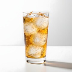 A refreshing tall glass of a chilled amber beverage filled with round ice cubes, isolated on a clean white studio background