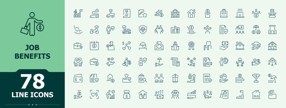 Job Benefits line icon set. Benefit icon set. Contains such symbols as bonus, pension, reward, insurance, assistance, benefit and more. Pictogram and infographic.