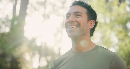 Drinking water, fitness and hiking with happy man in forest for adventure, hobby or travel. Bottle, exercise and hydration with hiker person outdoor in nature for holiday, sightseeing or tourism - Powered by Adobe