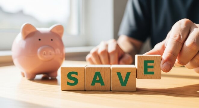 Close up of wooden blocks spelling SAVE with a piggy bank concept for financial planning and savings goals - Powered by Adobe