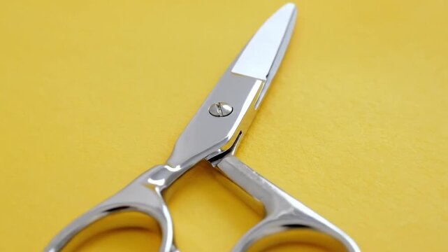 A vibrant close-up shot features a gleaming pair of small, silver-toned metal scissors set against a bright, cheerful yellow background. The sharp blades and smooth, reflective surface of the tool are