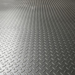 Detailed perspective view of a gray industrial diamond plate metal floor, showcasing its non-slip textured surface and durable pattern