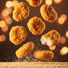 Dynamic action shot of golden brown battered chicken pieces floating and falling with crumbs against a warm bokeh light background