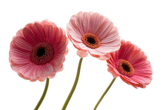 three pink flowers in a vase on a white surface - Powered by Adobe
