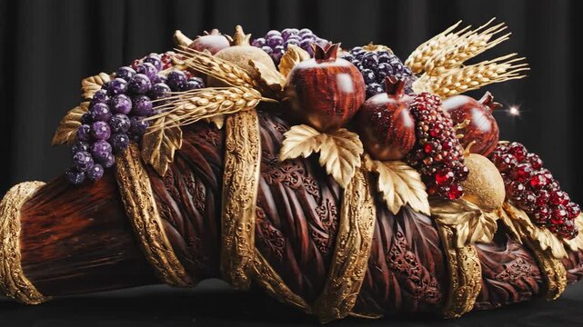 Ornate cornucopia featuring rich reddish-brown wood and intricate golden accents, overflowing with grapes, pomegranates, and berries, symbolizing abundance, prosperity, and a bountiful harvest