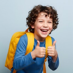 Portrait of an enthusiastic and cheerful little boy with a yellow backpack ready for school, showing a thumbs-up gesture