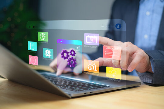 AI technology and data analytics tools for business automation and smart checklist strategy, shown in futuristic digital interface for planning and productivity.