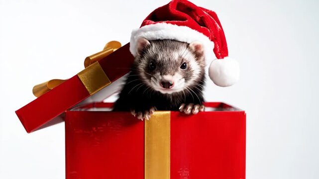 Ferret wearing a red santa hat peering out mischievously from a vibrant red gift box with a gold ribbon, presenting a delightful holiday surprise against a clean white background