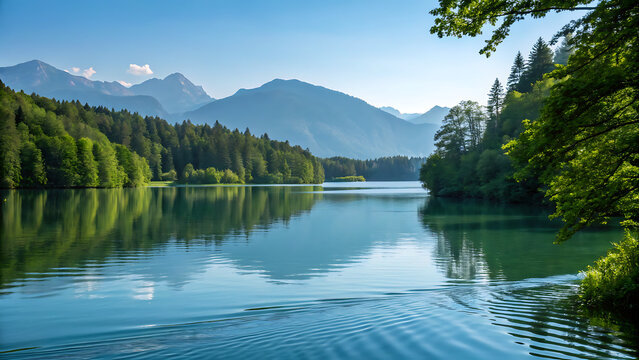 Scenic view of alpsee lake in bavaria, germany, with lush green forests, calm turquoise water, and majestic mountains in the background on a sunny day
