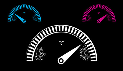 Abstract thermometer measure vector design with indicator, sun snowflake icon on black background. Creative weather meteorology icon, summer, winter, spring, autumn season illustration. 