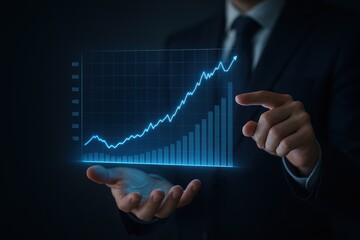 Business analyst displaying a futuristic data visualization hologram, showcasing upward trends in financial growth and market analytics. Concept of innovation and digital transformation in finance.