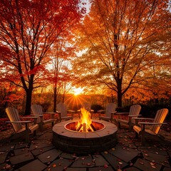 Serene autumn evening scene with a roaring campfire, Adirondack chairs, and stunning fall colors during a golden sunset
