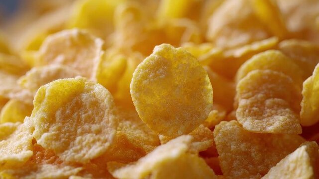 A vibrant macro close-up showcases a plentiful heap of golden, crispy breakfast cereal flakes. The detailed textures and irregular, appealing shapes of each individual piece are beautifully highlighte