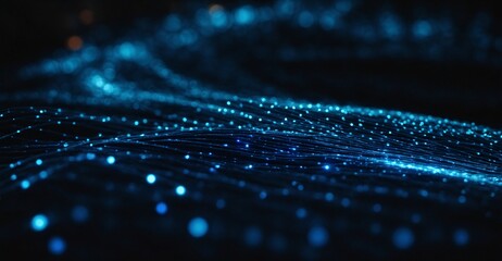 captivating flow of brilliant blue digital particles forming dynamic, glowing waves against a dark background, representing complex data streams and the interconnected nature of modern technology.